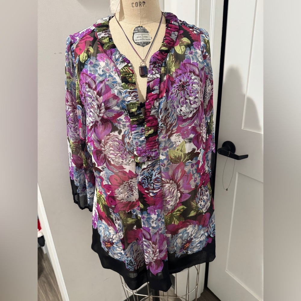 Floral Sheer Blouse with Ruffle Trim